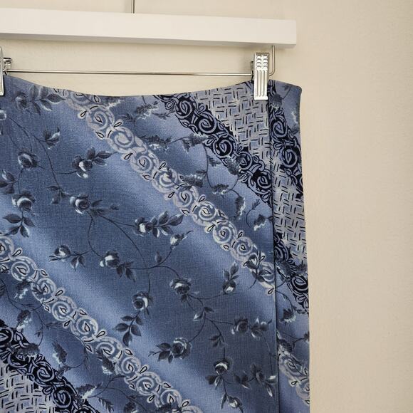 Vintage 90s Blue Floral Striped Maxi Skirt Pull On Side Hem Split M - Picture 5 of 13